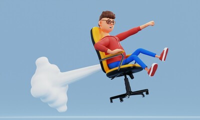 Cartoon character freelancer flies on a chair like a rocket. Innovation and Startup Concept. 3d illustration.