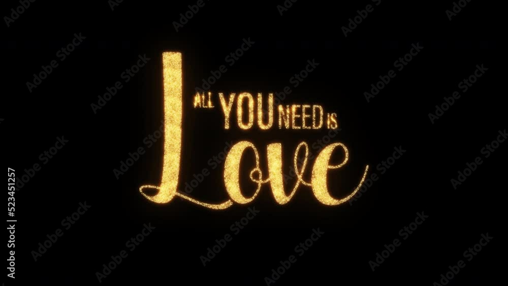 Poster abstract loop of golden text star glow flickering all you need is love text on black background. all