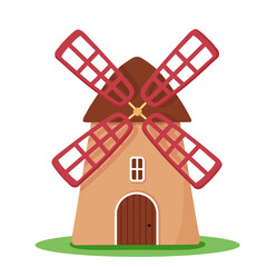 Vector cartoon windmill isolated on white background. Flat mill illustration. Cute farmhouse for grinding grain. Rural netherlands building © Elena