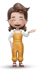 3d render Pretty clever little girl, child with blond hairstyle in white  t-shirt and overalls hold something on palm