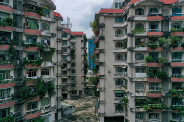 Old communist ,brutalist apartment building in Cho lon  or Chinatown district of Ho Chi Minh City,...