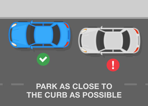 Outdoor parking rules and tips. Top view of correct and incorrect parked cars. Park your car as close to the curb as possible. Flat vector illustration template.