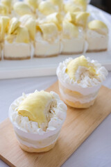 Durian cake with fresh durian. Homemade bakery concept.