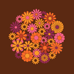 Trendy square groovy greeting card template. Colorful hippie flowers flat vector illustration. Suitable for greeting card, social media posts, mobile apps, banners design and web internet ads. Vector