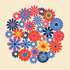 Trendy square groovy greeting card template. Colorful hippie flowers flat vector illustration. Suitable for greeting card, social media posts, mobile apps, banners design and web internet ads. Vector