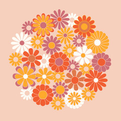 Trendy square groovy greeting card template. Colorful hippie flowers flat vector illustration. Suitable for greeting card, social media posts, mobile apps, banners design and web internet ads. Vector