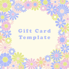 Trendy square groovy greeting card template. Colorful hippie flowers flat vector illustration. Suitable for greeting card, social media posts, mobile apps, banners design and web internet ads. Vector