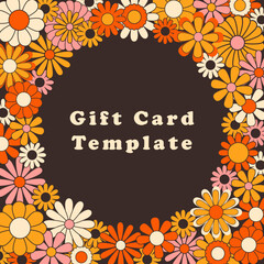 Trendy square groovy greeting card template. Colorful hippie flowers flat vector illustration. Suitable for greeting card, social media posts, mobile apps, banners design and web internet ads. Vector