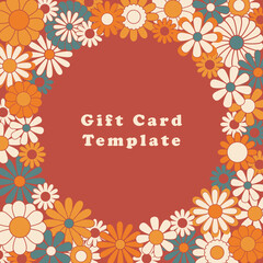 Trendy square groovy greeting card template. Colorful hippie flowers flat vector illustration. Suitable for greeting card, social media posts, mobile apps, banners design and web internet ads. Vector