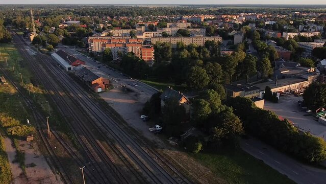 Arial drone shot of high rise building estate block in Lithuania. Silute.