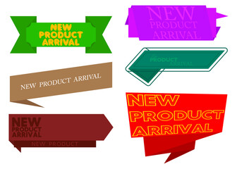 Set of ribbon with New Product Arrival text. Banner template. Label sticker. Sign.