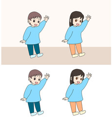 挙手するスモッグを着た子供