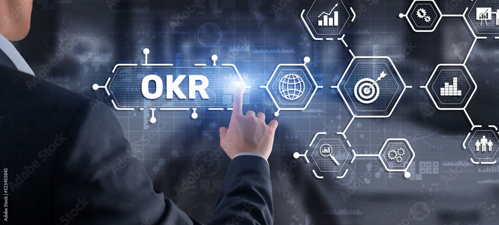Poster objective key results. project management. business technology process on virtual screen