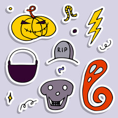 Doodle Halloween sticker set. Hand-drawn autumn pumpkin, grave, ghost, cauldron, skull on grey background. Cute scary horror banner for fall holidays, Day of the Dead. Vector color spooky illustration
