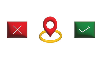 3d rendering location, check and cross icon 