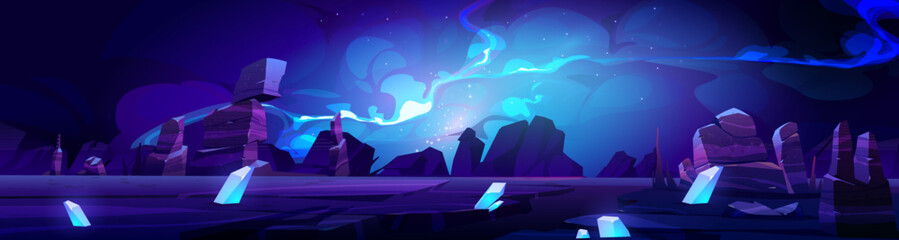 Alien planet landscape with fantastic explosion in outer space. Vector cartoon illustration of stone land surface with rocks, blue crystals, stars and nebula in night sky © klyaksun