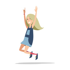 Teenage girl joyfully jumps with her hands up. Simple flat vector isolated on white background