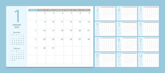 Calendar 2023 week start Sunday corporate design planner template.