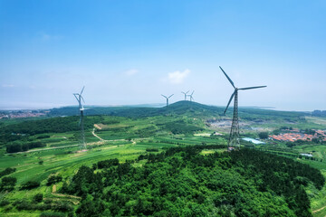 Fototapeta na wymiar Aerial photography outdoor farmland green energy wind turbine