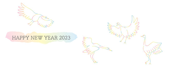 2023年　虹色の鶴が4羽遊んでいる年賀用バナー、ヘッダーのイラスト - obrazy, fototapety, plakaty
