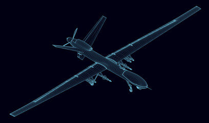 Fototapeta na wymiar Blue lines unmanned aerial vehicle wireframe isolated on dark background. Combat drone. Isometric view. 3D. Vector illustration.