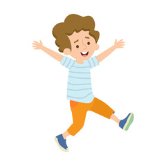 Fototapeta na wymiar Happy boy jumping on summer meadow flat vector illustration. Cartoon boys and girls playing in park at daytime. Kindergarten and childhood