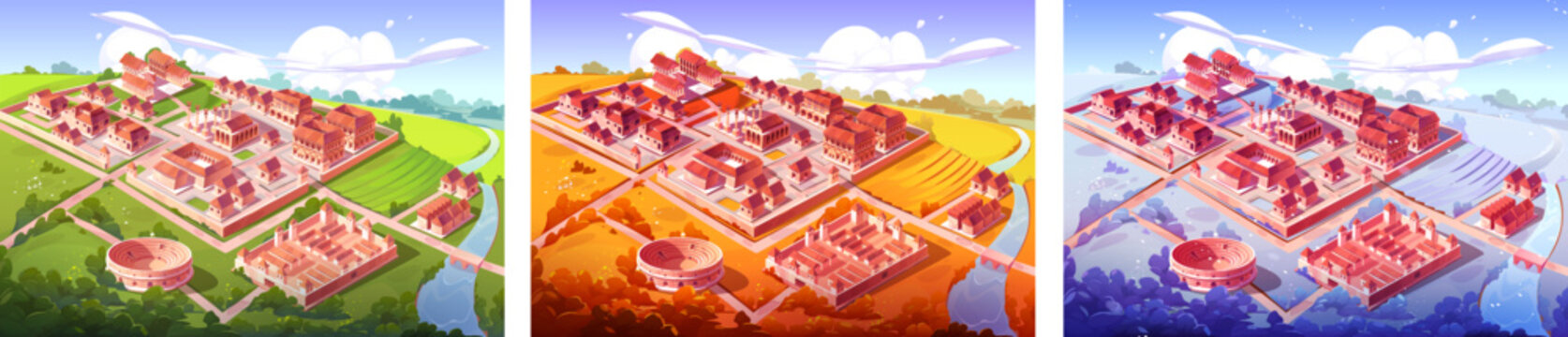 Ancient Rome city, isometric cartoon seasons cityscape Capitol, basilica with square, Castrum, Medicorum, Harbor, Roman Amphitheater, forum, taberna and insula buildings, Vector architecture landmarks