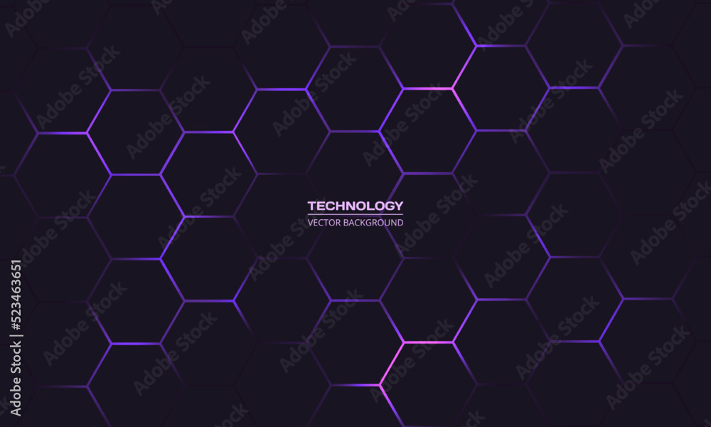 Aufkleber Dark hexagon abstract technology background with purple colored bright flashes under hexagon. Hexagonal gaming vector abstract tech background.