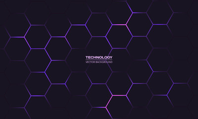 Dark hexagon abstract technology background with purple colored bright flashes under hexagon. Hexagonal gaming vector abstract tech background. - obrazy, fototapety, plakaty