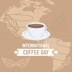 Symbol International coffee day, with coffee and cups in circles suitable for logos, posters, greeting cards, promotions.