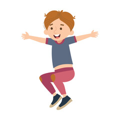 Children boy jumping on summer meadow flat vector illustration. Cartoon boys and girls playing in park at daytime. Kindergarten and childhood