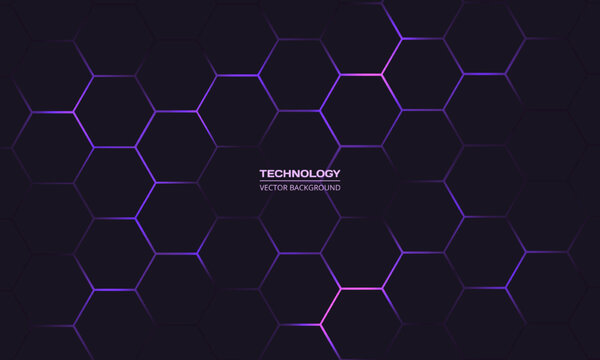 Dark hexagon abstract technology background with purple colored bright flashes under hexagon. Hexagonal gaming vector abstract tech background.