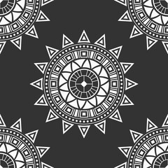 Abstract seamless vector pattern with round geometric shapes, flower shapes. Tribal pattern. Sun symbols. Geometric shapes pattern. White shapes, isolated on black background.