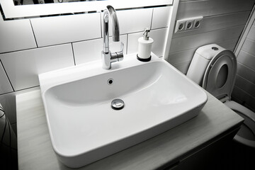 Big white rectangular washbasin with faucet on wooden countertop in minimalist modern bathroom. Scandinavian interior with mirror light. Close-up top view. Nobody. Cleaning services concept. Bathroom