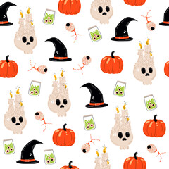 Happy halloween seamless pattern with scary pumpkins, hat, candle, scull and eye. Design, vector illustration