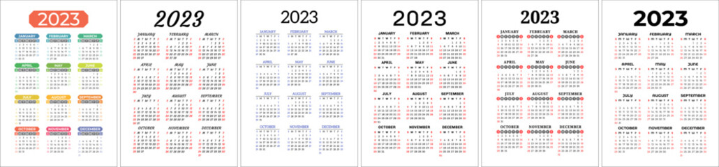 Calendar template 2023 set. Color english vertical calender collection