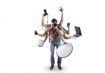 Funny content creator with a lot of arms and equipment