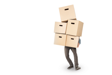 Person carrying a big stack of cardboard boxes