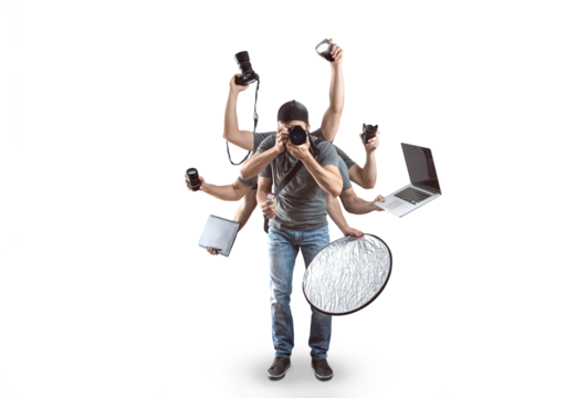 Funny content creator with a lot of arms and equipment