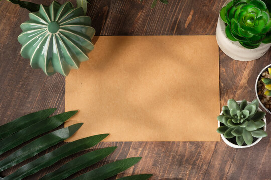 Top view Blank Kraft card paper with botanical plant with sunlight at wood table