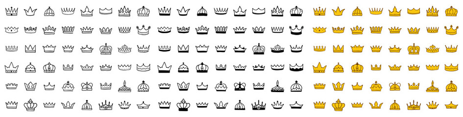 Vector set of Crown icons in different styles isolated on white background. Royal or queen sign, premium symbols, doodles clip art.