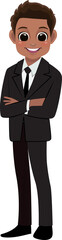 Flat icon with African American cute businessman cartoon character in office style smart black suit and crossed arms pose