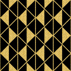Gold triangular geometric ornament, seamless pattern black gold shimmer glitter background
