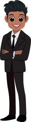 Flat icon with African American cute businessman cartoon character in office style smart black suit and crossed arms pose