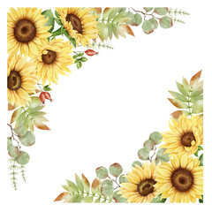 Watercolor sunflower corner set. Square frame. Yellow flowers, eucalyptus, rosehip, leaves and plants. Autumn arrangement. Isolated on white background. Fall clipart. Botanical illustration.