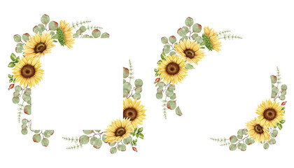 Watercolor sunflower frame set. Yellow flowers, eucalyptus, rosehip, leaves and plants. Autumn arrangement. Isolated on white background. Fall clipart. Botanical illustration.