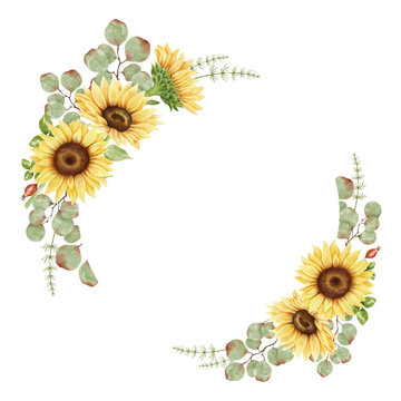 Watercolor sunflower wreath. Yellow flowers, eucalyptus, rosehip, leaves and plants. Autumn circle arrangement. Isolated on white background. Fall clipart. Botanical illustration.