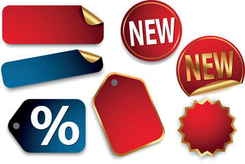 Set of red and blue stickers with gold elements. Vector illustration. - 523467226