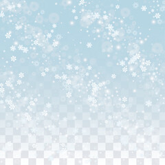 Christmas Vector Background with Falling Snowflakes  Isolated on Transparent Background. Realistic Snow Sparkle Pattern. Snowfall Overlay Print. Winter Sky. Realistic Snow. Happy Christmas, New Year.
