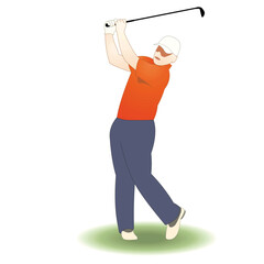 Golfer with golf club taking a shot on white background